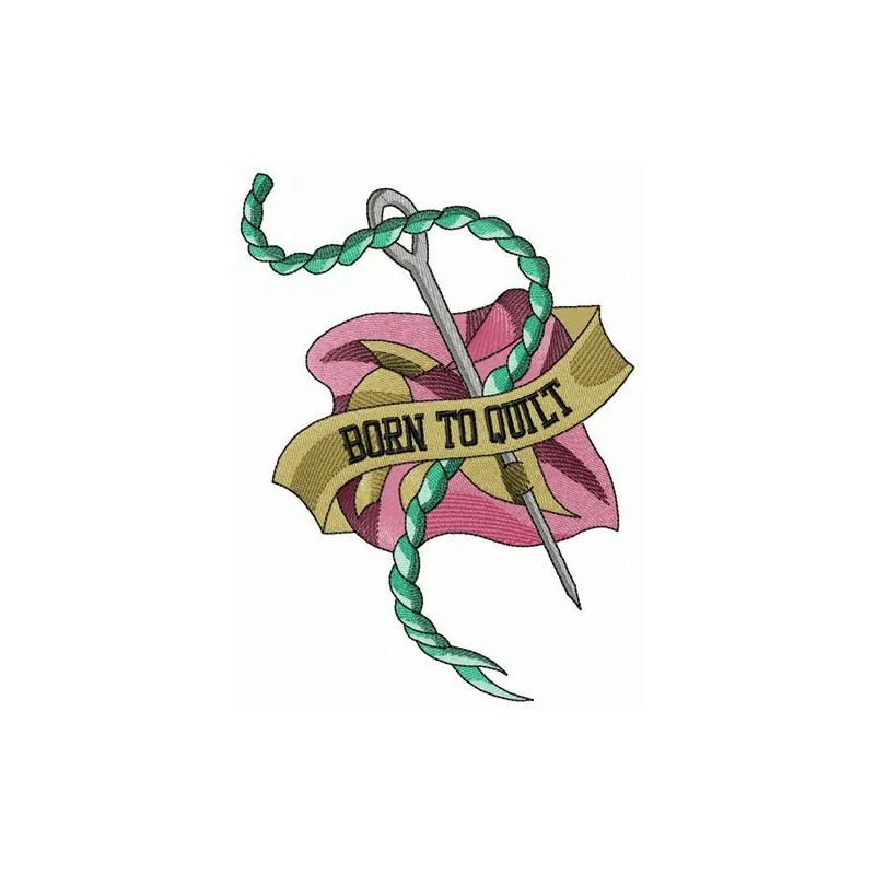 Born to quilt embroidery design showcased on a cozy fabric background, perfect for quilting enthusiasts.