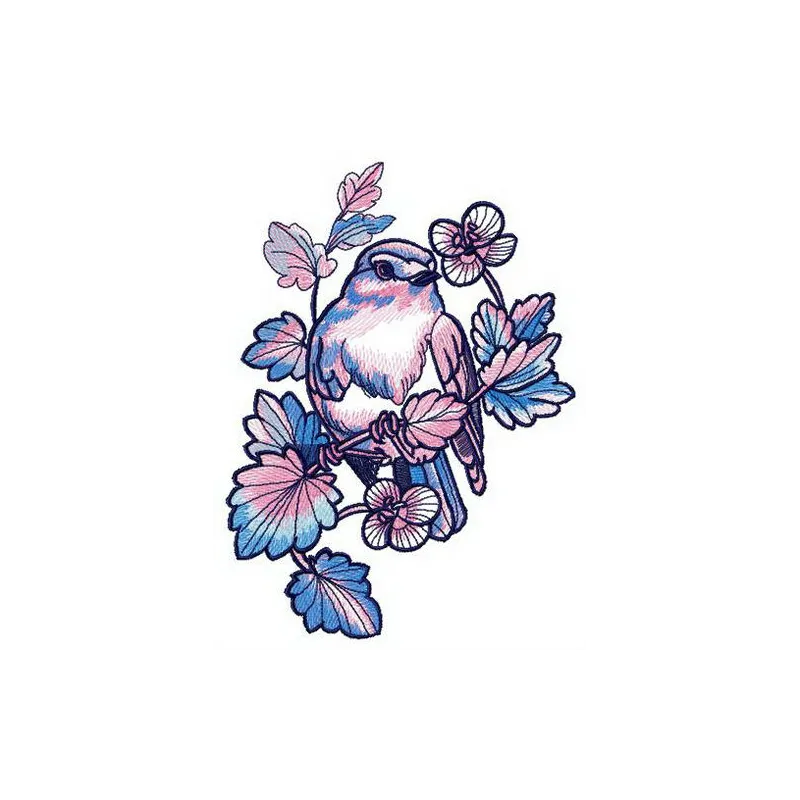 Songbird embroidery design showcasing a colorful bird motif, perfect for embellishing t-shirts and tote bags.