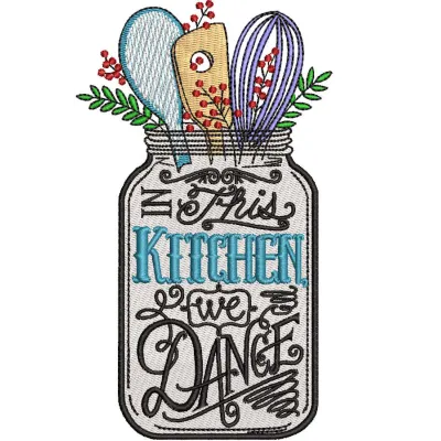 Preview of 'In This Kitchen We Dance' embroidery design featuring a whimsical kitchen theme.