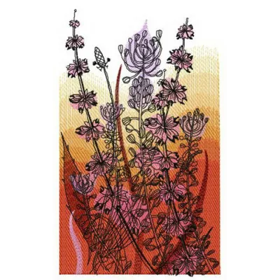 Field and sunset embroidery design featuring vibrant flowers, ideal for embellishing t-shirts and tote bags.
