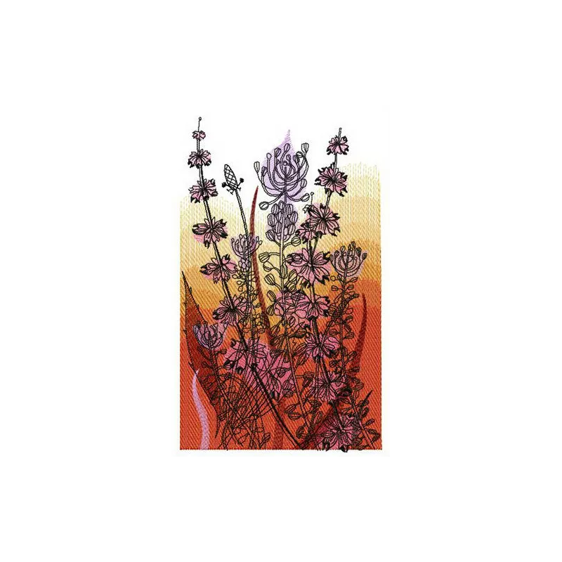 Field and sunset embroidery design featuring vibrant flowers, ideal for embellishing t-shirts and tote bags.