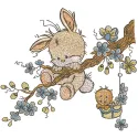Preview of the 'Hold on, bunny!' embroidery design featuring a cute bunny motif, perfect for baby onesies and pillows.