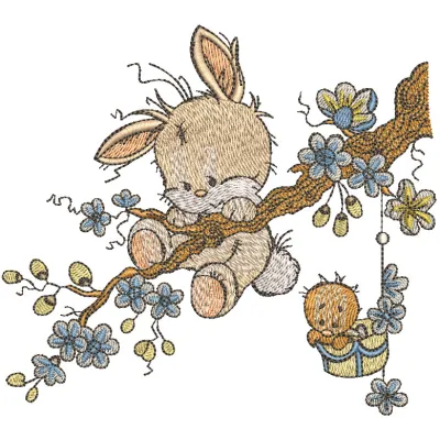 Preview of the 'Hold on, bunny!' embroidery design featuring a cute bunny motif, perfect for baby onesies and pillows.
