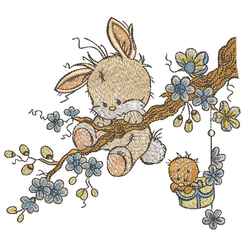 Preview of the 'Hold on, bunny!' embroidery design featuring a cute bunny motif, perfect for baby onesies and pillows.