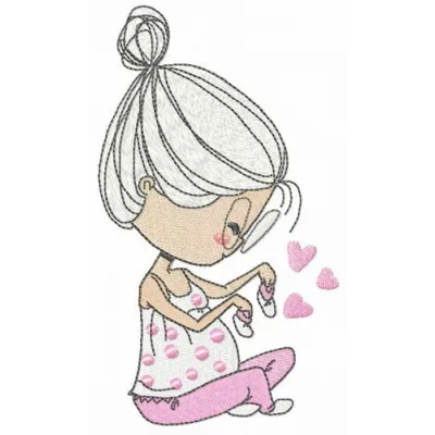 Embroidery design featuring a pregnant silhouette with baby's bootees, ideal for women's apparel and baby gifts.