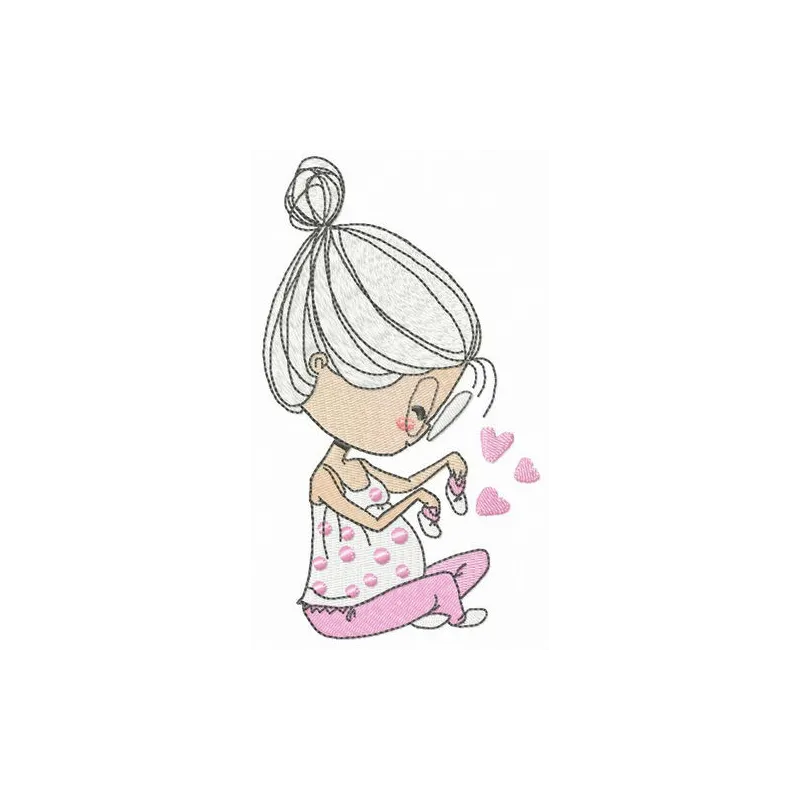 Embroidery design featuring a pregnant silhouette with baby's bootees, ideal for women's apparel and baby gifts.