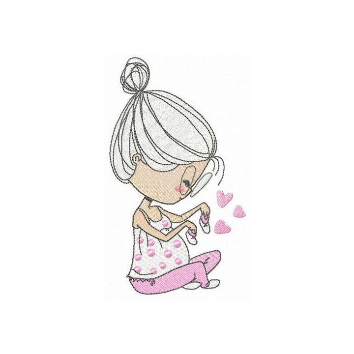 Embroidery design featuring a pregnant silhouette with baby's bootees, ideal for women's apparel and baby gifts.