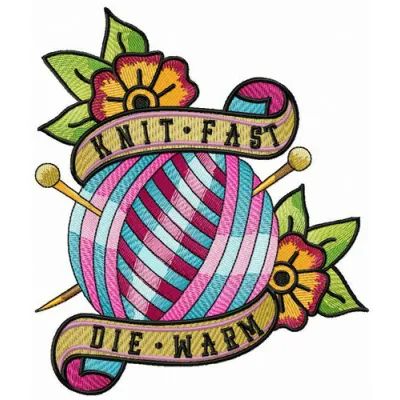 Preview of the 'Knit Fast, Die Warm' embroidery design featuring cozy stitching patterns for crafters.