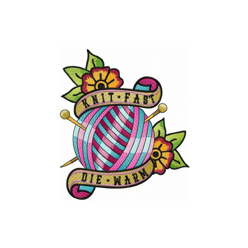 Preview of the 'Knit Fast, Die Warm' embroidery design featuring cozy stitching patterns for crafters.