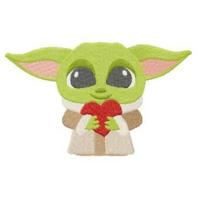 Embroidery design featuring Yoda holding a Valentine card, perfect for crafting on t-shirts and tote bags.