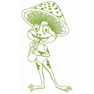 Athletic frog embroidery design showcasing a lively frog in mid-jump, perfect for stitching on athletic wear.