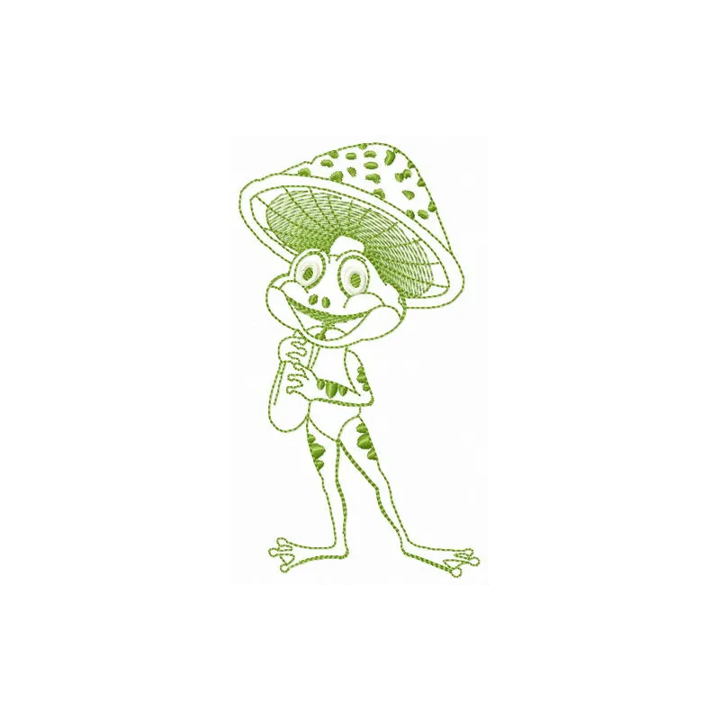 Athletic frog embroidery design showcasing a lively frog in mid-jump, perfect for stitching on athletic wear.