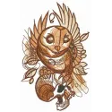 Preview of an owl holding a skull embroidery design, showcasing intricate stitching details and whimsical character.