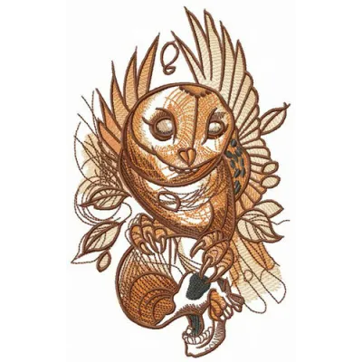 Preview of an owl holding a skull embroidery design, showcasing intricate stitching details and whimsical character.