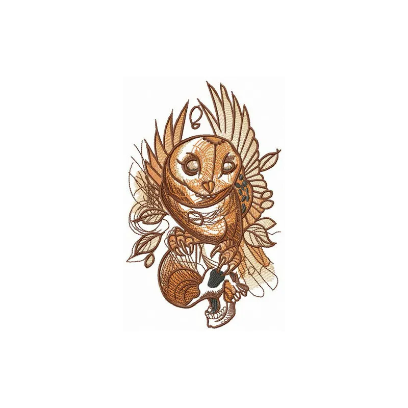 Preview of an owl holding a skull embroidery design, showcasing intricate stitching details and whimsical character.