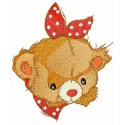 Embroidery design of a teddy bear wearing a polka dot bib, ideal for stitching on baby onesies or towels.
