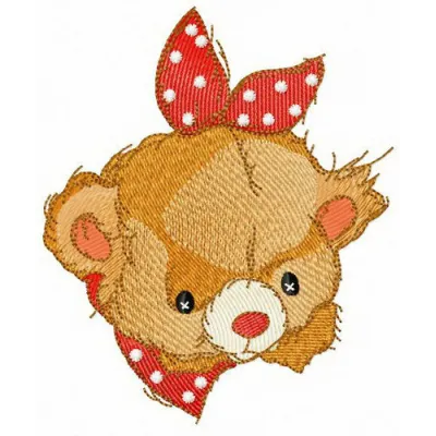 Embroidery design of a teddy bear wearing a polka dot bib, ideal for stitching on baby onesies or towels.