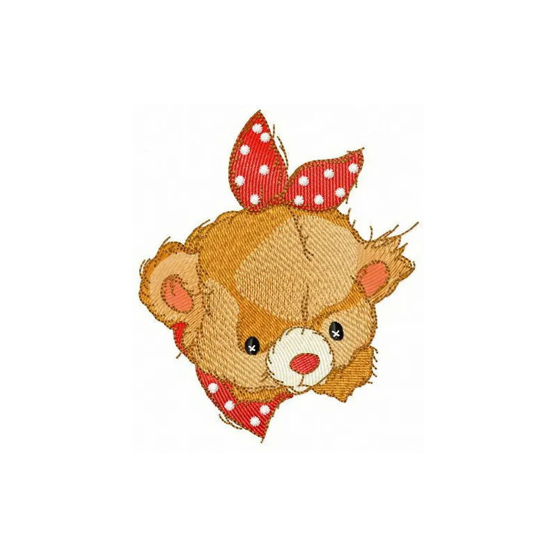 Embroidery design of a teddy bear wearing a polka dot bib, ideal for stitching on baby onesies or towels.