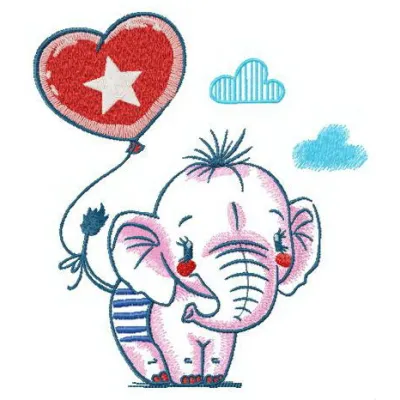 Embroidery design featuring a cute baby elephant going for a walk, perfect for embellishing baby onesies.