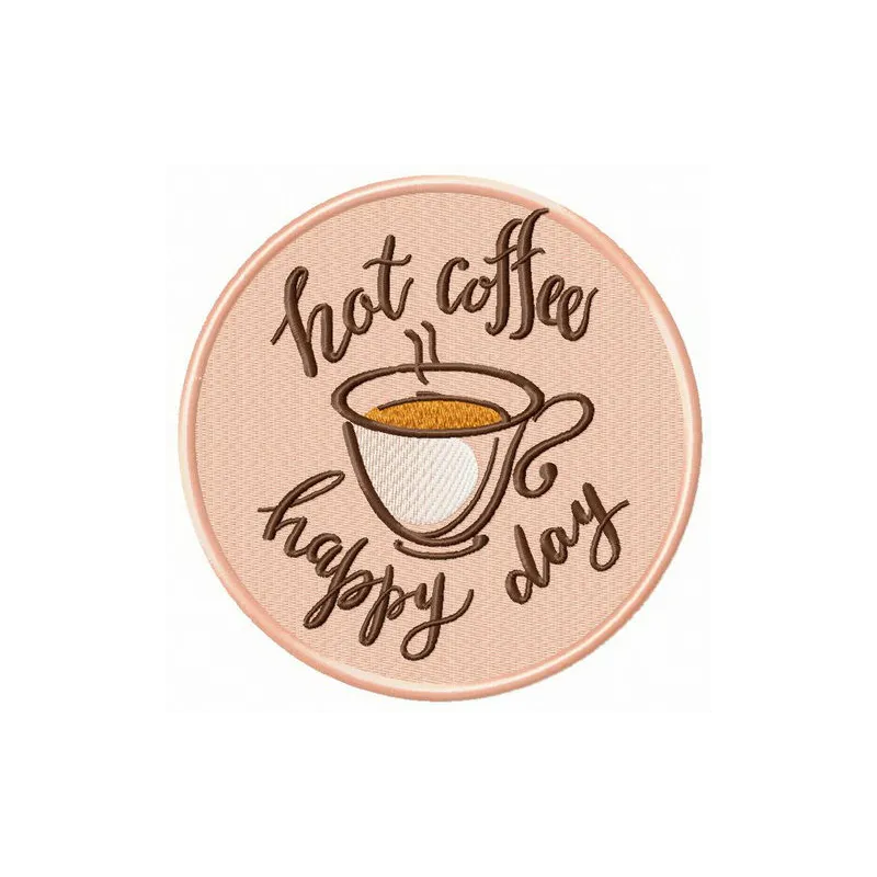 Preview of the 'Hot Coffee, Happy Day' embroidery design featuring a cheerful coffee motif for various projects.