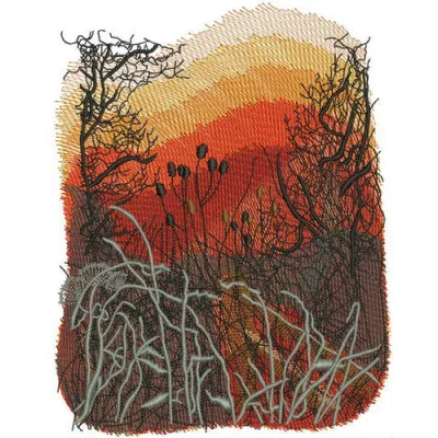Sunset embroidery design showcasing vibrant autumn colors, perfect for stitching on hoodies or tote bags.