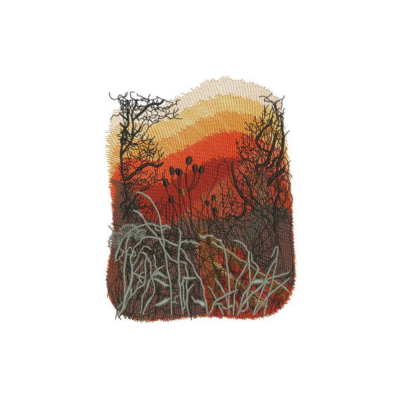 Sunset embroidery design showcasing vibrant autumn colors, perfect for stitching on hoodies or tote bags.