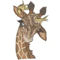 Giraffe embroidery design featuring playful yellow birds, ideal for creating charming stitched motifs on various fabrics.