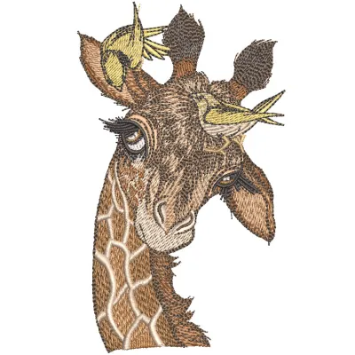 Giraffe embroidery design featuring playful yellow birds, ideal for creating charming stitched motifs on various fabrics.