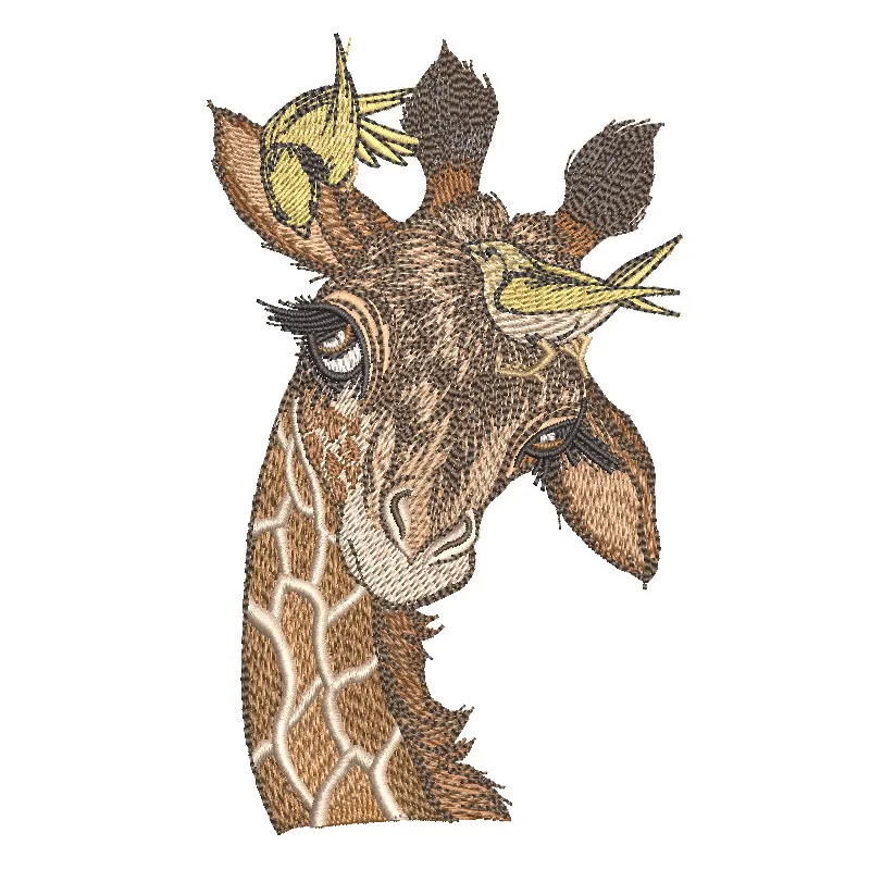 Giraffe embroidery design featuring playful yellow birds, ideal for creating charming stitched motifs on various fabrics.