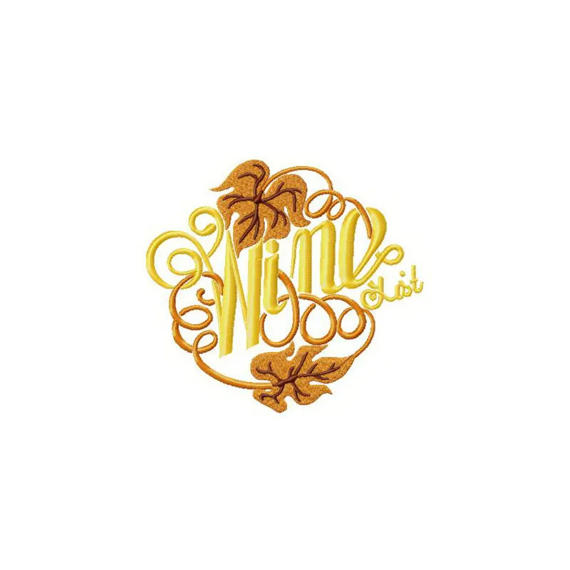 Wine list embroidery design featuring elegant lettering, perfect for embellishing kitchen towels or bar decor.