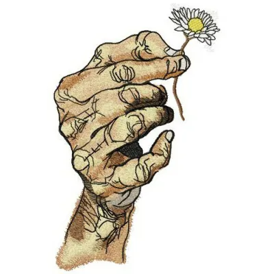Embroidery design featuring a hand holding chamomile flowers, perfect for floral stitching projects.