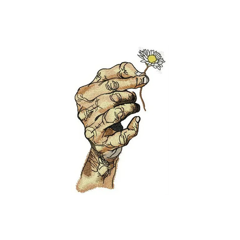 Embroidery design featuring a hand holding chamomile flowers, perfect for floral stitching projects.