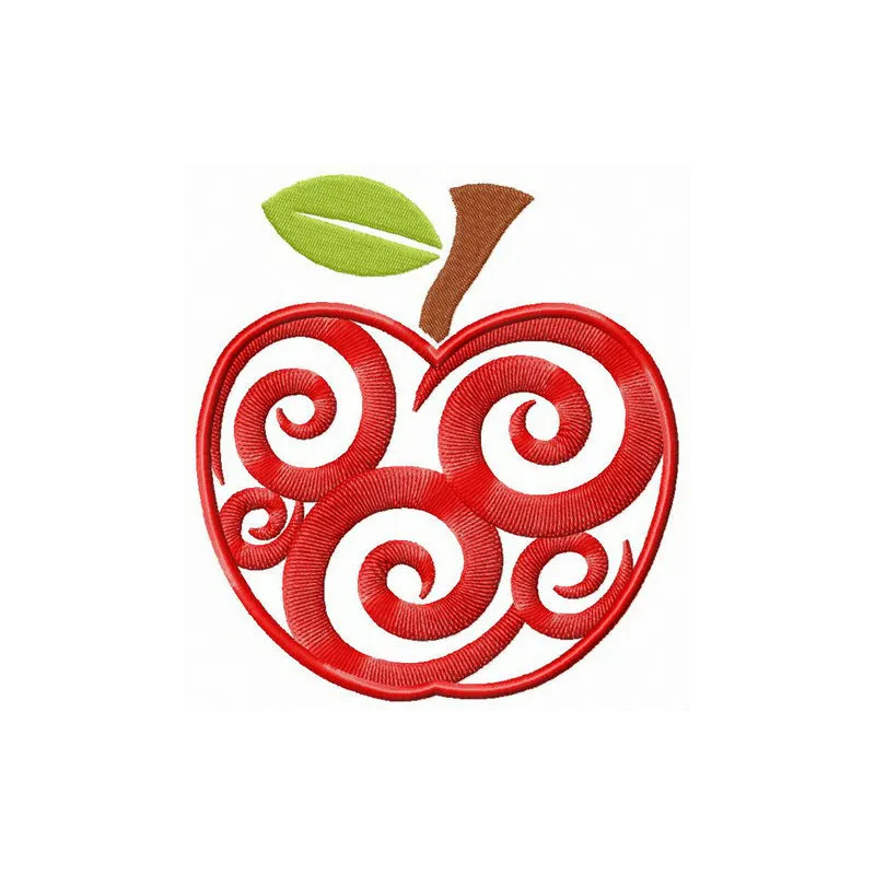 Spiral apple embroidery design preview showcasing a vibrant fruit motif for creative stitching projects.