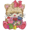 Adorable kitten holding a baby rattle, showcased as an embroidery design for creative projects.