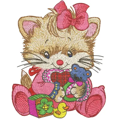 Adorable kitten holding a baby rattle, showcased as an embroidery design for creative projects.