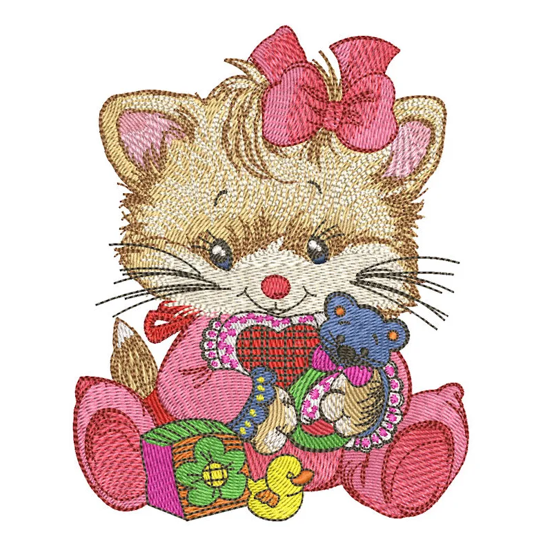 Adorable kitten holding a baby rattle, showcased as an embroidery design for creative projects.