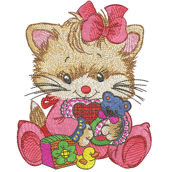 Kitten with baby rattle embroidery design - Embroidery Design