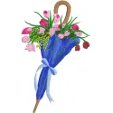 Tulips and umbrella embroidery design featuring vibrant flowers, perfect for decorative stitching on fabric.