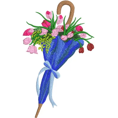 Tulips and umbrella embroidery design featuring vibrant flowers, perfect for decorative stitching on fabric.