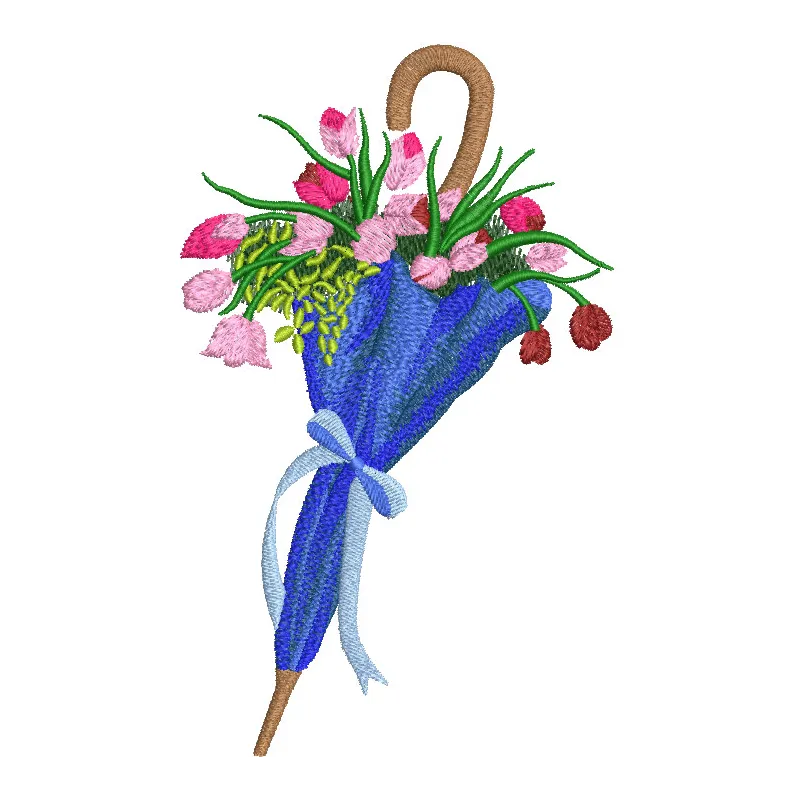 Tulips and umbrella embroidery design featuring vibrant flowers, perfect for decorative stitching on fabric.