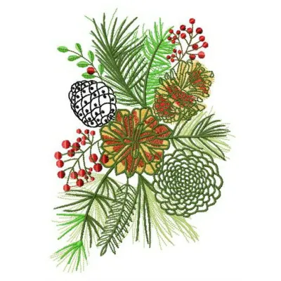 Preview of the Coniferous Bouquet embroidery design featuring lush floral motifs for creative stitching projects.
