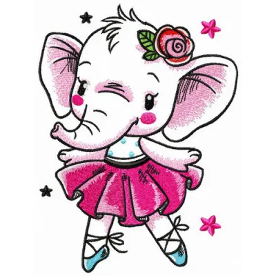 Preview of a playful white elephant dancing embroidery design, perfect for adding charm to various fabric items.