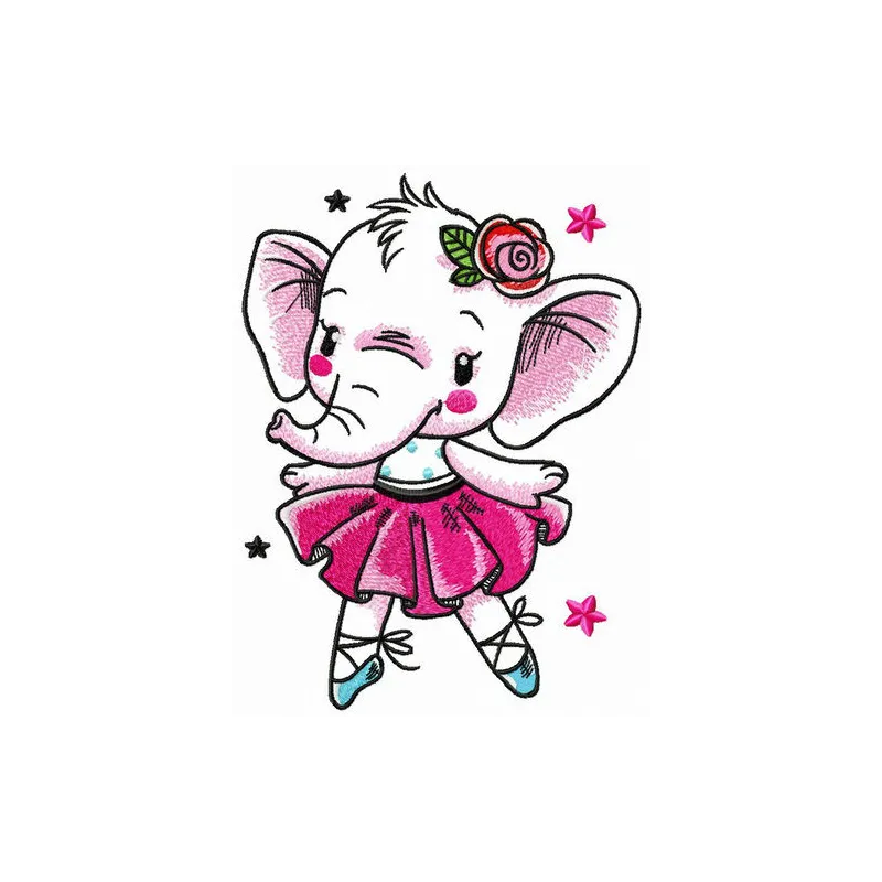 Preview of a playful white elephant dancing embroidery design, perfect for adding charm to various fabric items.