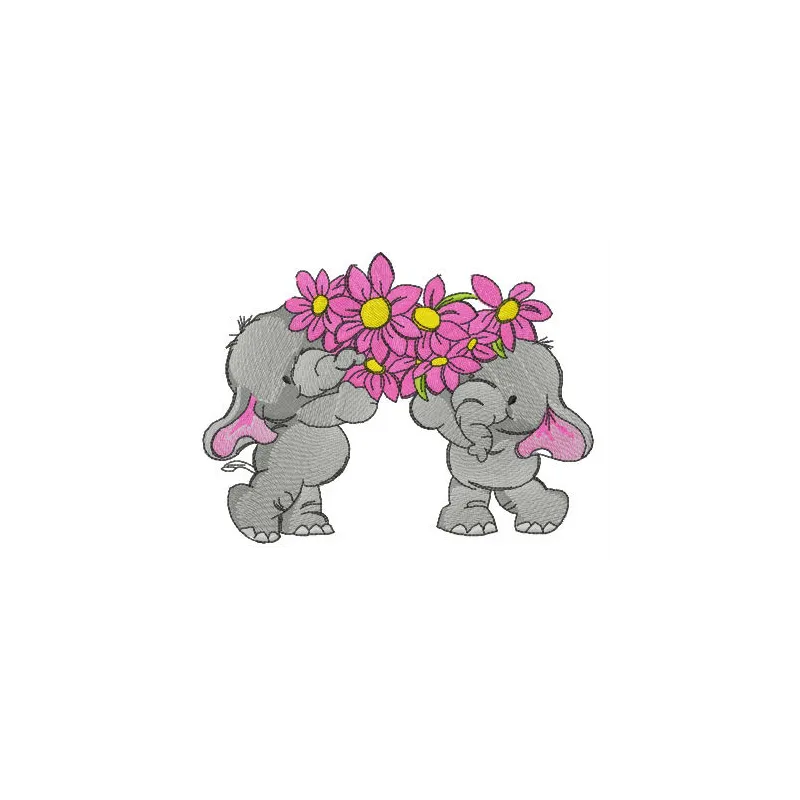 Embroidery design featuring elephants holding a bouquet, ideal for embellishing t-shirts or tote bags.
