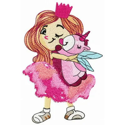 Unicorn licking cheek embroidery design featuring a whimsical princess motif, perfect for children's clothes and gifts.
