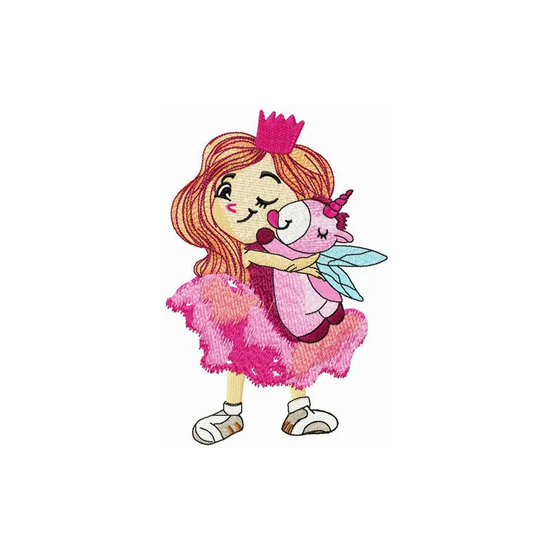 Unicorn licking cheek embroidery design featuring a whimsical princess motif, perfect for children's clothes and gifts.