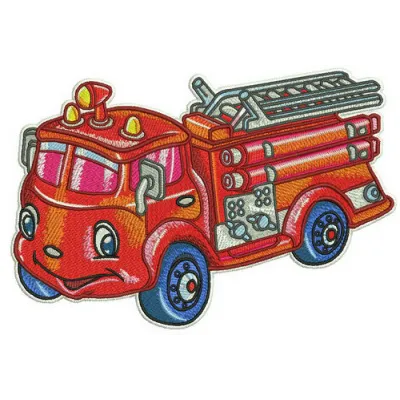 Fire engine embroidery design featuring a detailed fire truck motif, perfect for stitching on t-shirts and tote bags.