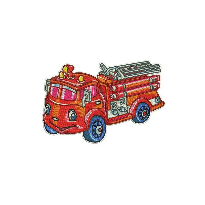 Fire engine embroidery design featuring a detailed fire truck motif, perfect for stitching on t-shirts and tote bags.