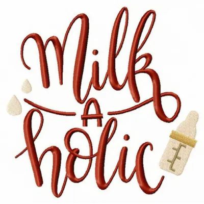 Milkaholic embroidery design showcasing a fun quote, perfect for stitching on t-shirts and tote bags.