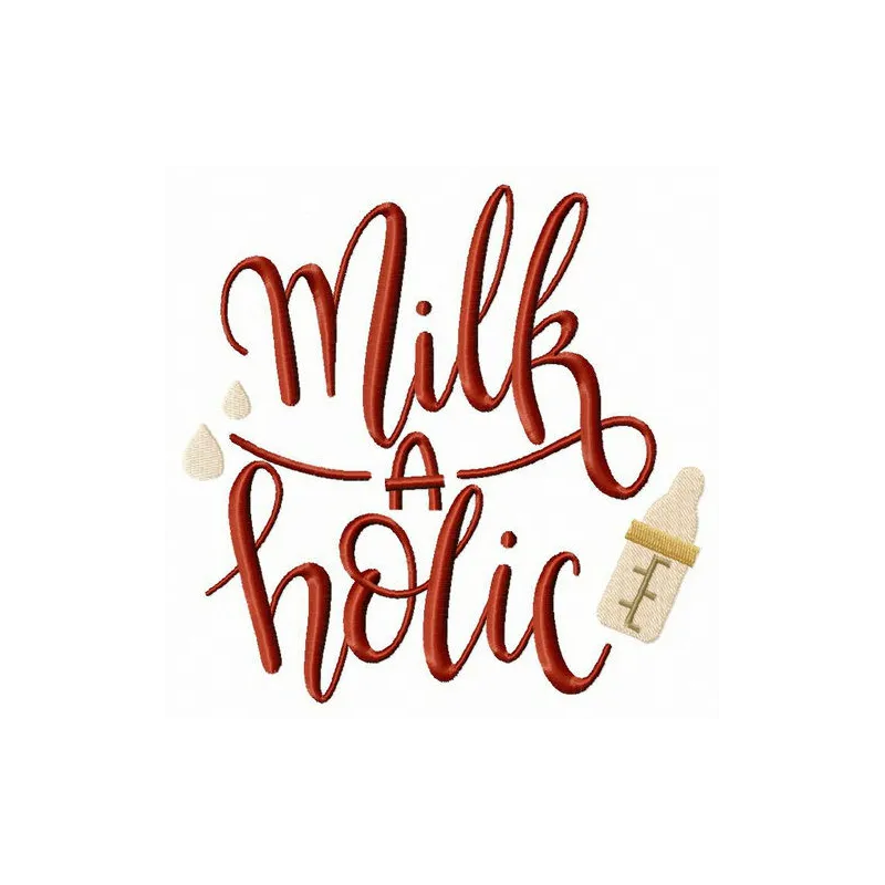 Milkaholic embroidery design showcasing a fun quote, perfect for stitching on t-shirts and tote bags.